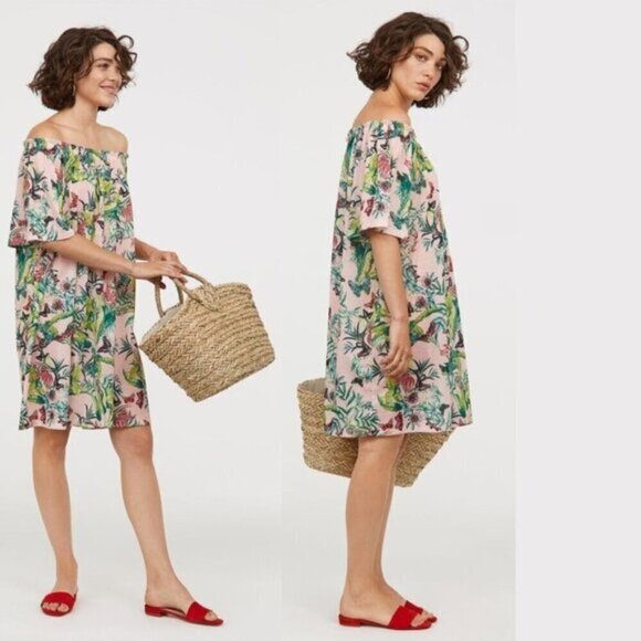 H&m Tropical Pink Off The Shoulder Dress - Picture 1 of 13